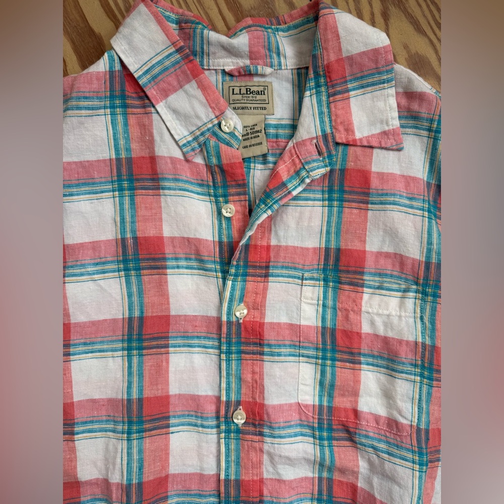 L.L.Bean colorful plaid 100% linen short-sleeve button-front shirt size L
